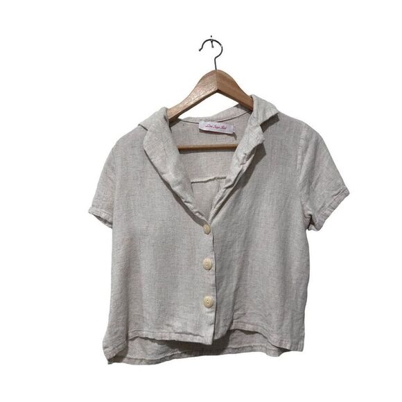 Lisa Says Gah Short Sleeve Collared Cropped Button Front Shirt Beige Size XS - Picture 1 of 12